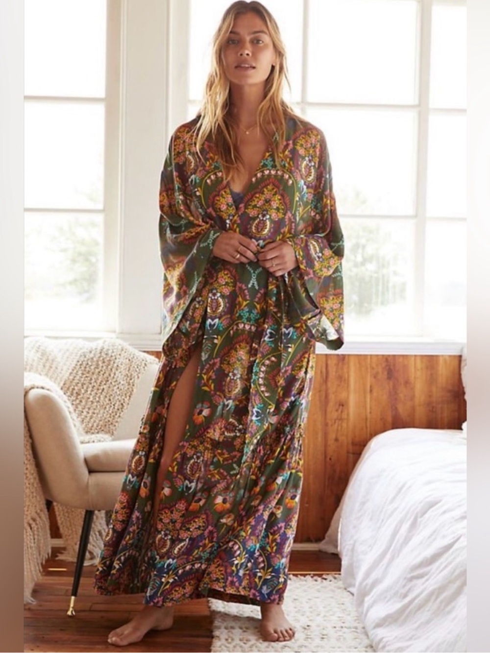 Anthropologie Emmanuelle Maxi Tiered Boho Robe with Multicolor Blooms Size M/L - Picture 1 of 13